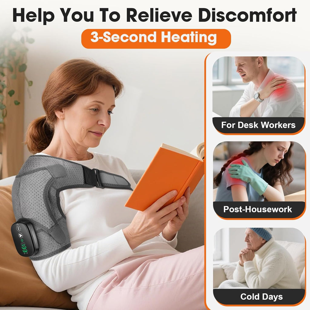 Cordless Shoulder Heating Pad, Shoulder Massager for Pain Relief Deep Tissue, Heated Shoulder Wrap with Massage, Heated Shoulder Brace for Rotator Cuff(Gray)
